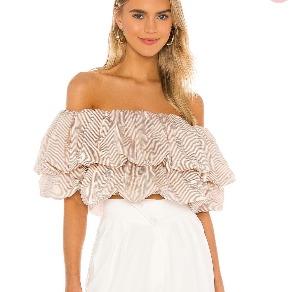 Nonchalant taupe stripe off the shoulder blouse